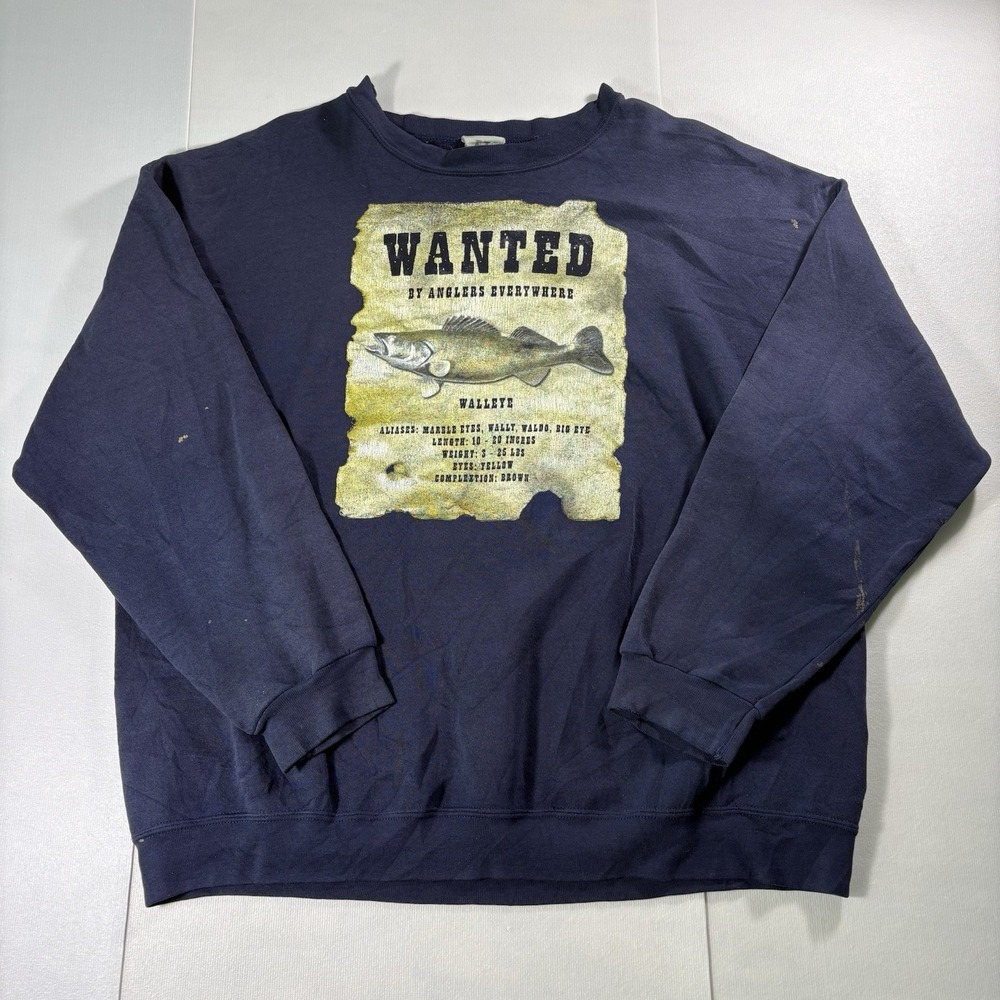 Marathon Apparel Wanted Walleye Fish Graphic Crewneck Sweatshirt Men's Navy
